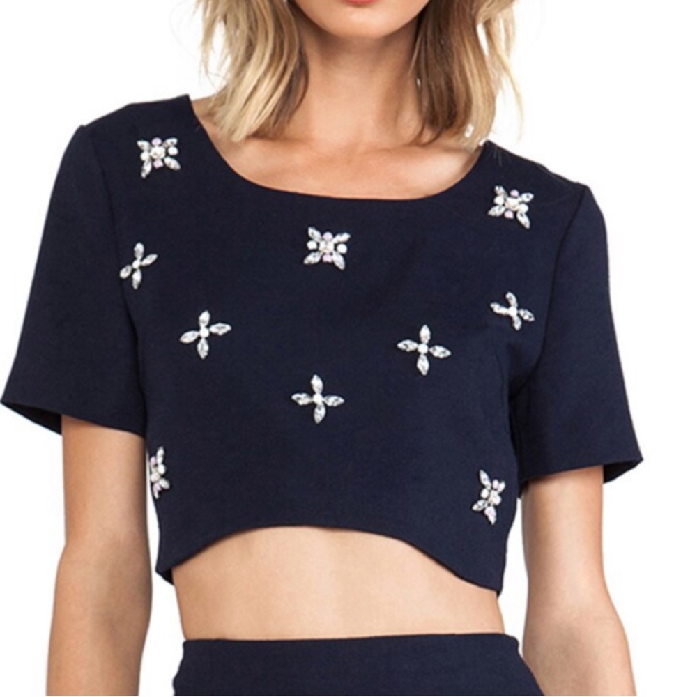 J.O.A. 2 Piece Matching Embellished Crop Knit + Skirt Set in Navy